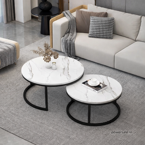 Set 2 Măsuțe de Cafea Rotunde cu Efect Marmură – Blat MDF Premium, Cadru Metalic Negru, Design Modern pentru Living - Boomsale.ro