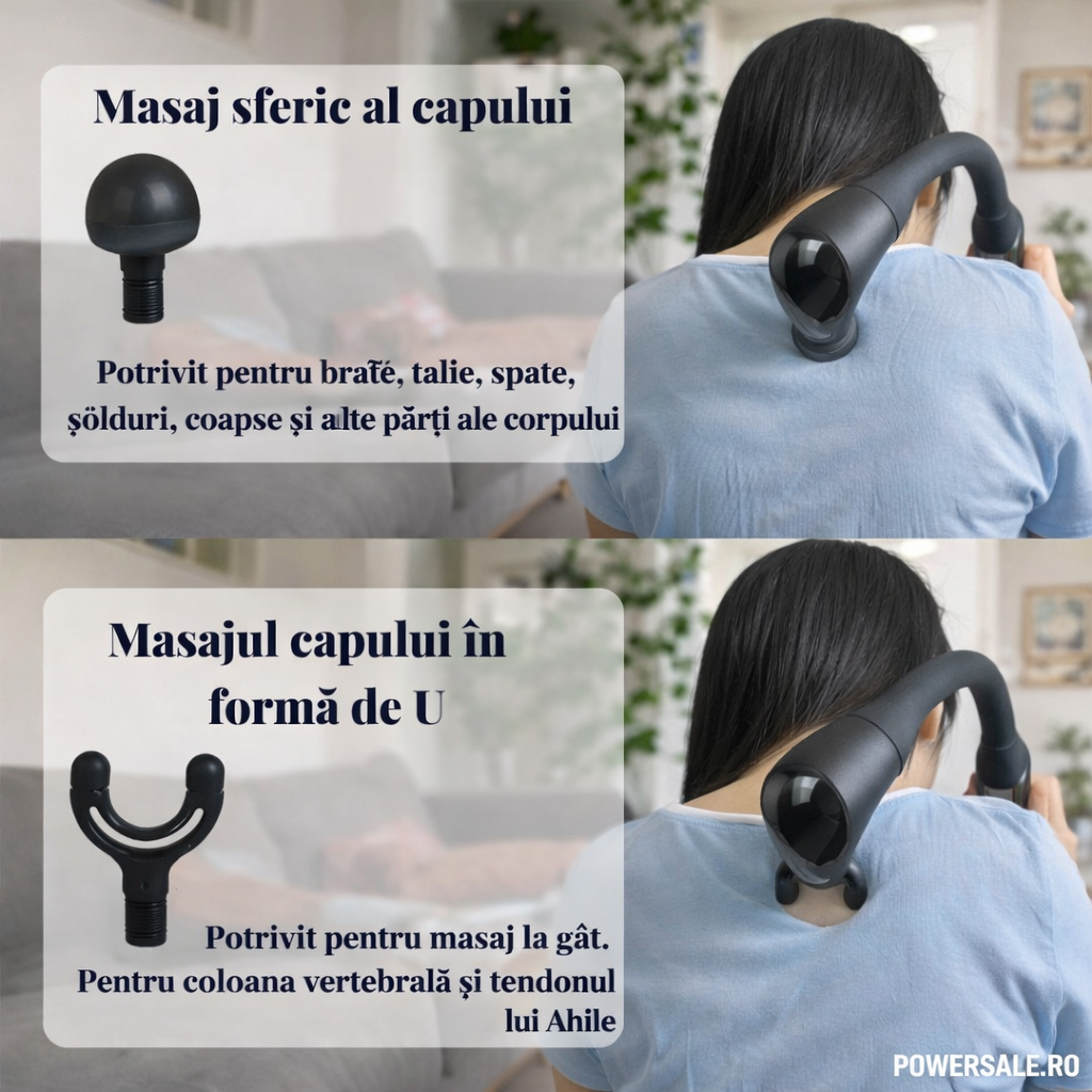 Aparat de Masaj Profesional Flexibil Forma L – 5 Viteze, 4 Capete Interchangeabile, USB-C, 10W – Masaj Muscular & Relaxare - Boomsale.ro