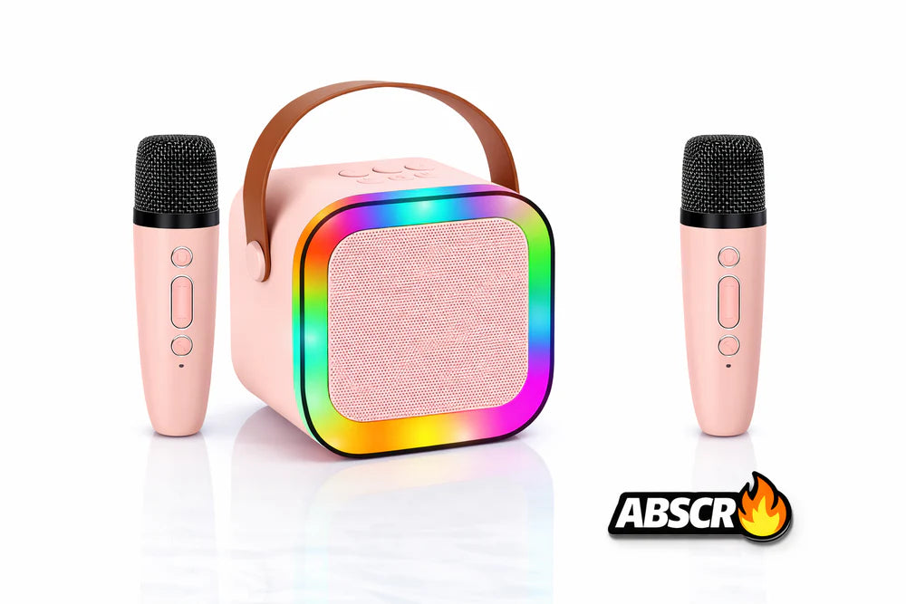 Boxa Portabila Karaoke cu 2 Microfoane Wireless, Bluetooth, LED RGB, Radio FM – Set Karaoke Copii & Familie, Roz - Boomsale.ro
