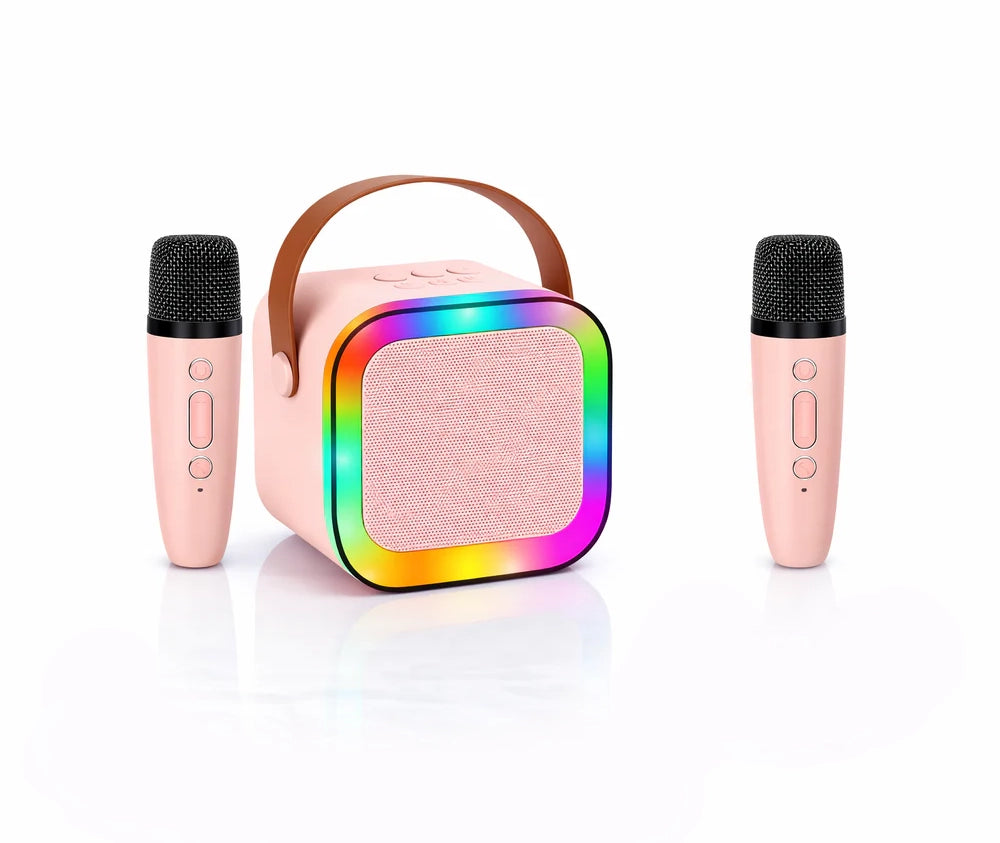 Boxa Portabila Karaoke cu 2 Microfoane Wireless, Bluetooth, LED RGB, Radio FM – Set Karaoke Copii & Familie, Roz - Boomsale.ro
