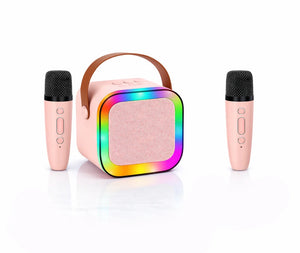 Boxa Portabila Karaoke cu 2 Microfoane Wireless, Bluetooth, LED RGB, Radio FM – Set Karaoke Copii & Familie, Roz - Boomsale.ro