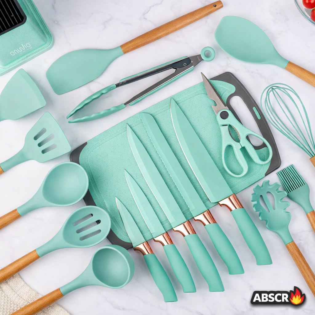 Set ustensile bucatarie 19 piese din silicon alimentar si lemn, rezistente la caldura, cu suport depozitare si tocator inclus - Boomsale.ro