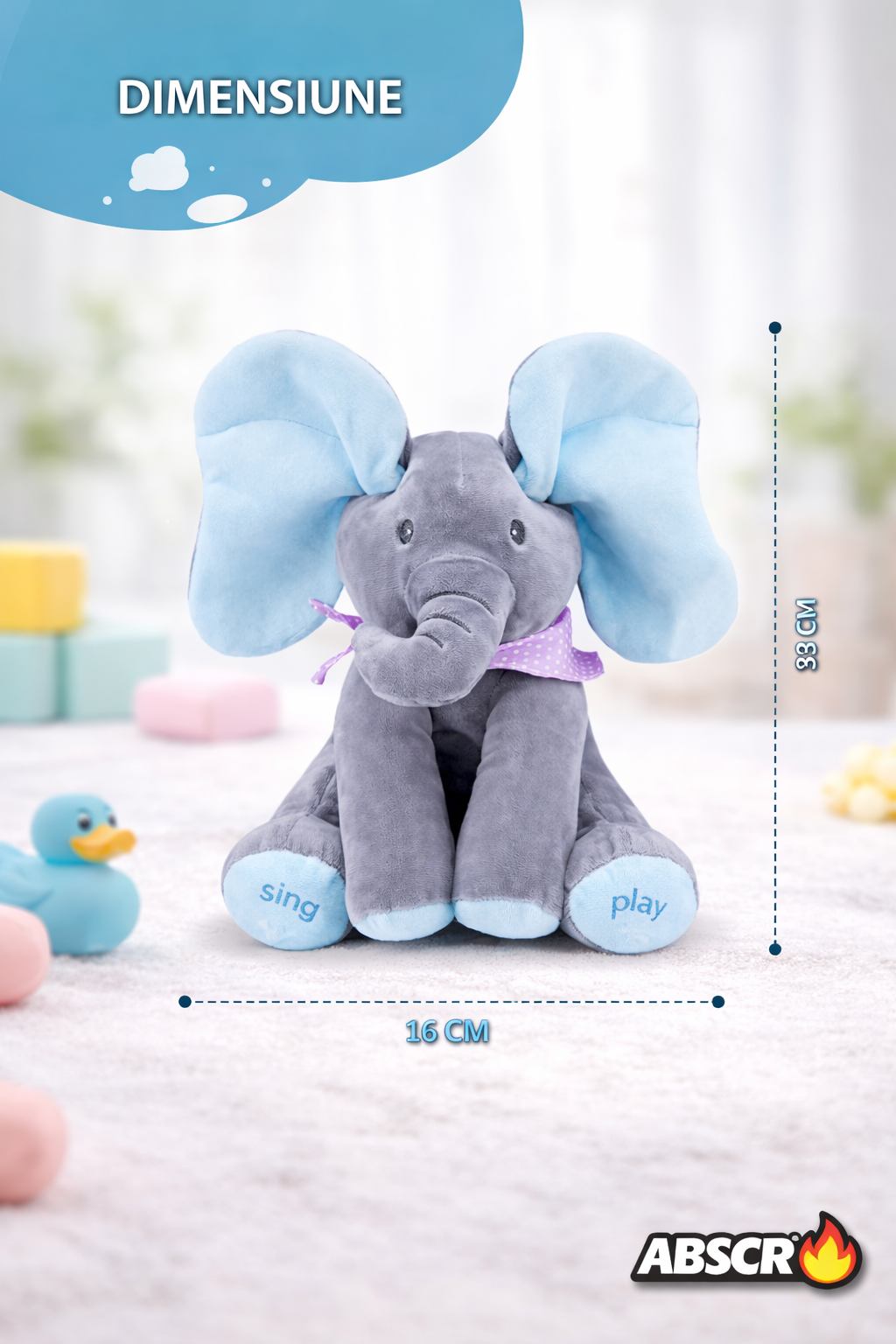 Jucarie de plus interactiva ABSCR Elefant Peek-a-Boo, canta si se joaca Cucu Bau, misca urechile, 2 moduri de joc, 33 x 16 cm, material moale, pentru copii - Boomsale.ro