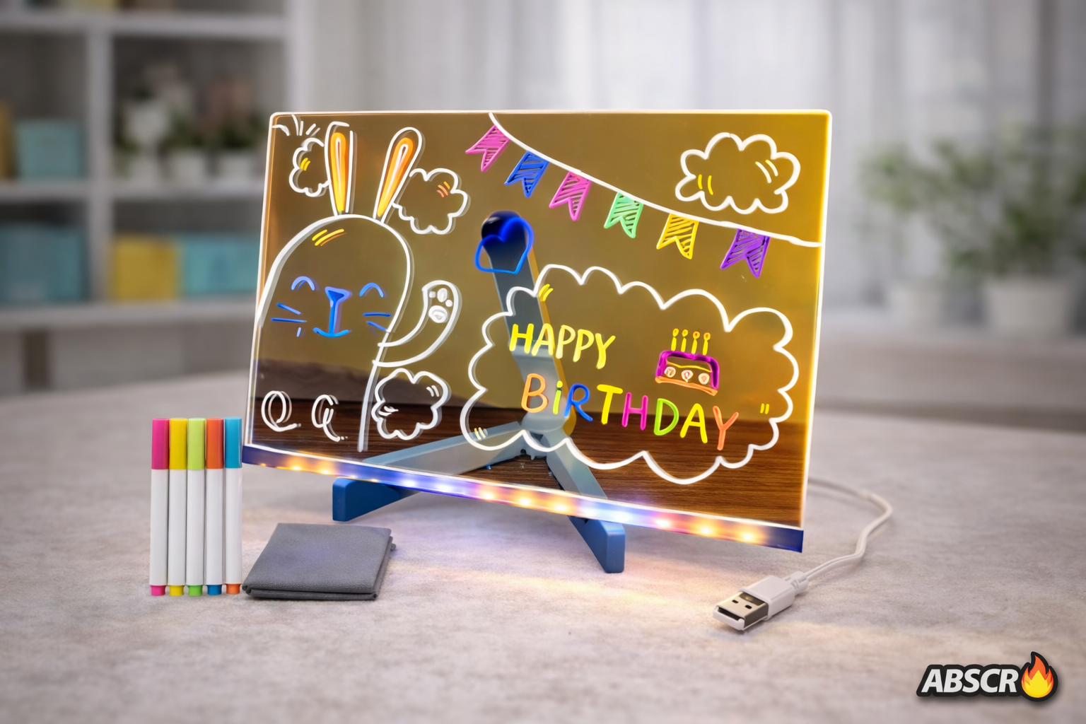 Tabla acrilica luminata LED, pentru desen si scriere, suport reglabil, 7 carioci colorate, laveta inclusa, alimentare USB, 30 x 20 cm, reutilizabila - Boomsale.ro