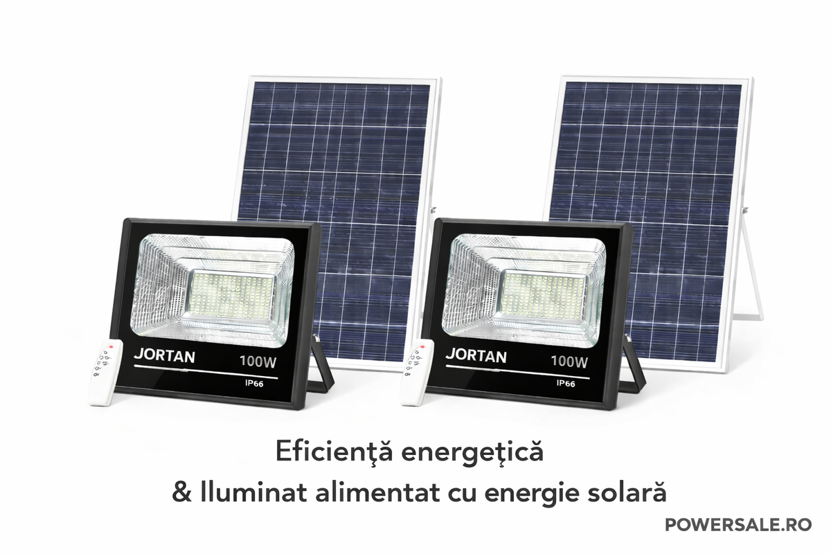 Set 2 Proiectoare Solare JORTAN 100W IP66 + CADOU Cameră Supraveghere Jortan 1080P WiFi cu Card 32GB Inclus - Boomsale.ro