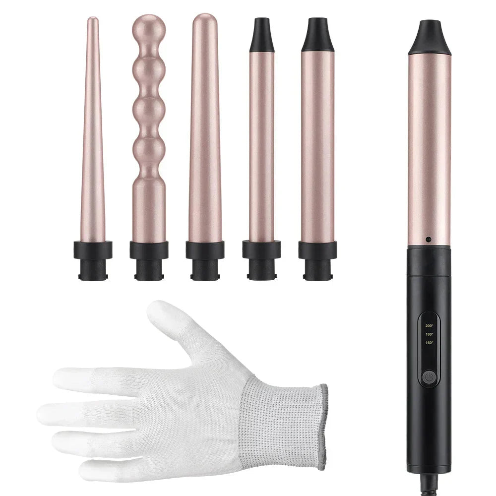 Set Ondulator profesional 6 in 1, bucle, umed uscat, cu dubla utilizare, ondulator electric, Ceramica ionica - Boomsale.ro