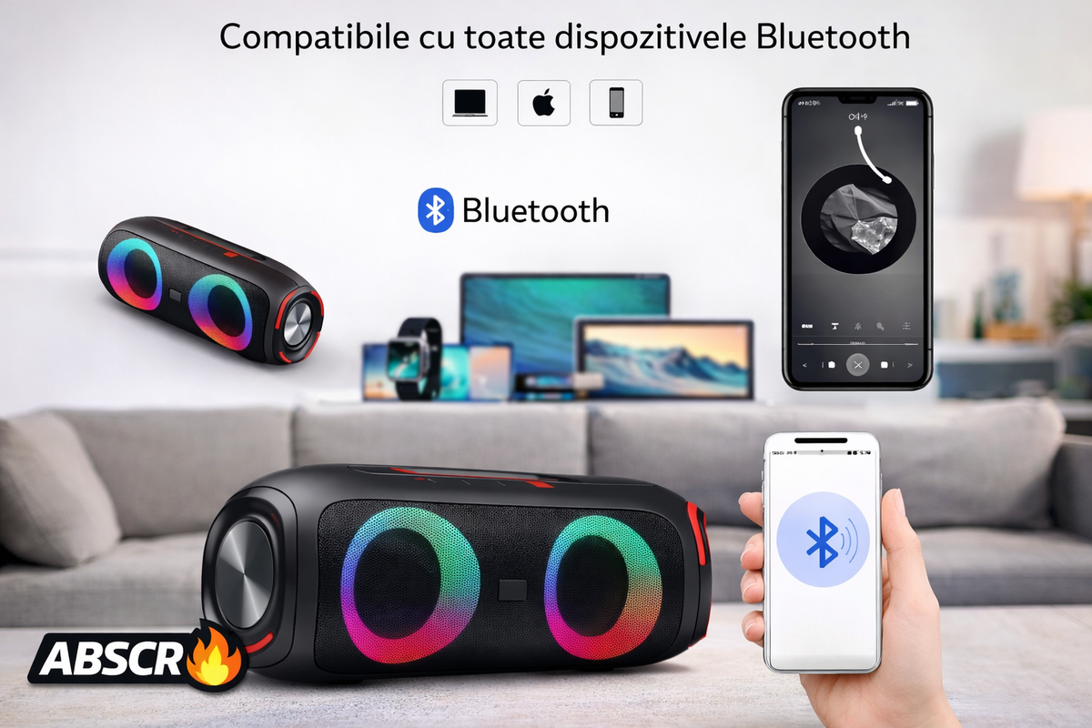 Boxă Portabilă rezistenta la apa Bluetooth 5.0 30W – 4000mAh, Lumini RGB, IPX6, USB/AUX/SD/FM, Sunet Puternic, Portabilă - Boomsale.ro