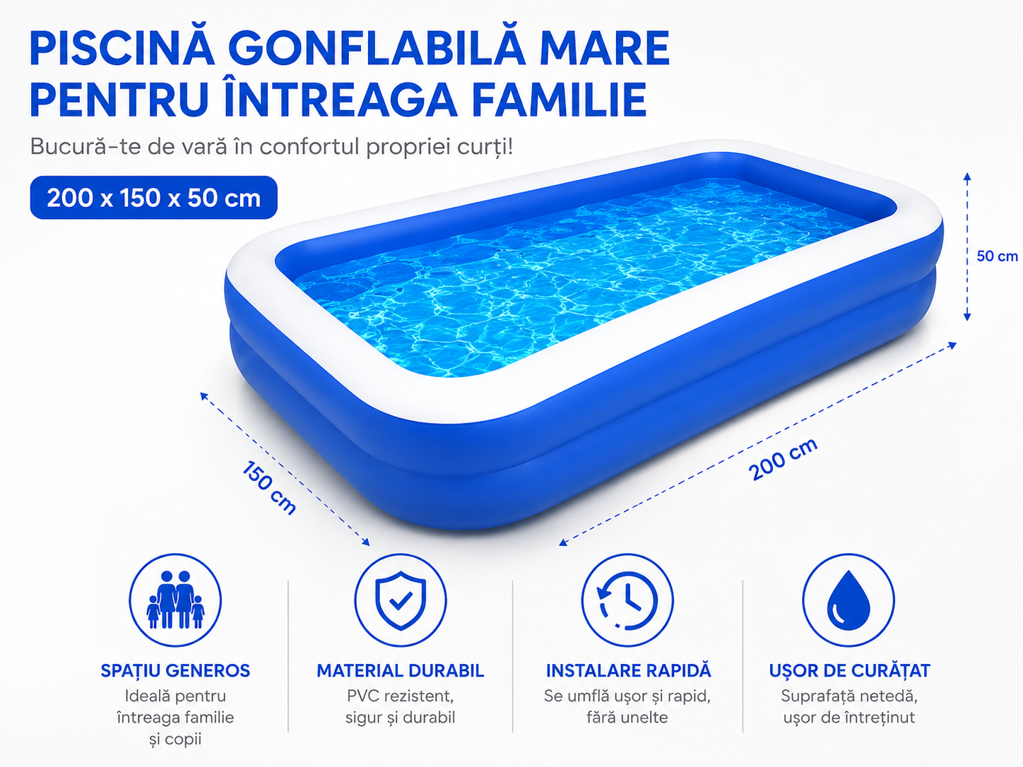 Piscina gonflabila familiala 200x150x50 cm cu pompa de umflare cadou, PVC rezistent, 2 inele de aer - Boomsale.ro