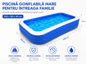 Piscina gonflabila familiala 200x150x50 cm cu pompa de umflare cadou, PVC rezistent, 2 inele de aer - Boomsale.ro