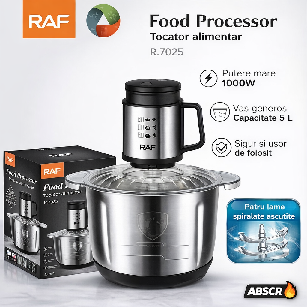 Tocator electric RAF R.7025, 1000W, bol inox 5L, 2 viteze, lame din otel inoxidabil - Boomsale.ro