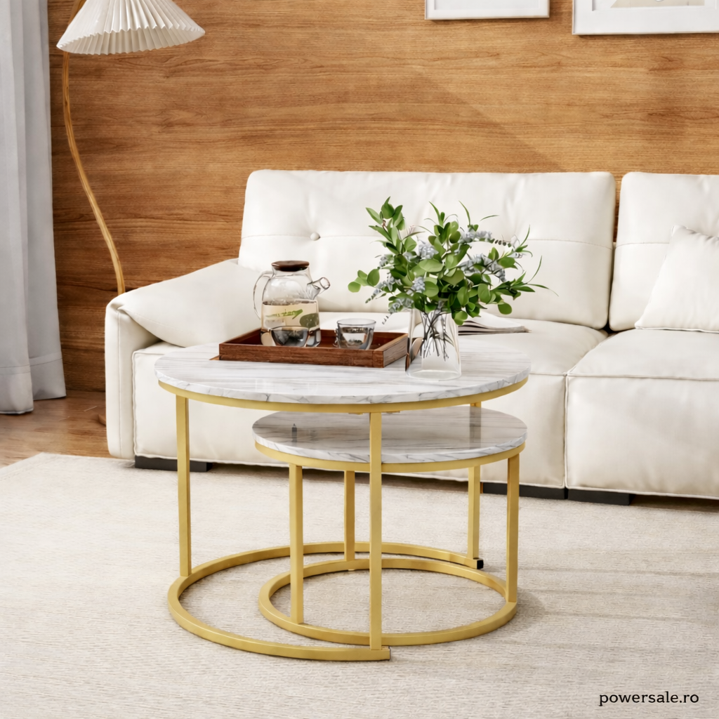 Set 2 masute de cafea rotunde cu efect marmura – Blat MDF + Cadru metalic auriu - Boomsale.ro