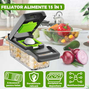 Feliator de Legume Multifuncțional 15 în 1, cu 8 Tăieturi, Lame Inox, Accesorii pentru Tocat și Julienne, Caserolă Inclusă, Verde - Boomsale.ro