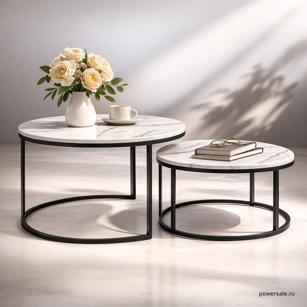 Set 2 Măsuțe de Cafea Rotunde cu Efect Marmură – Blat MDF Premium, Cadru Metalic Negru, Design Modern pentru Living - Boomsale.ro