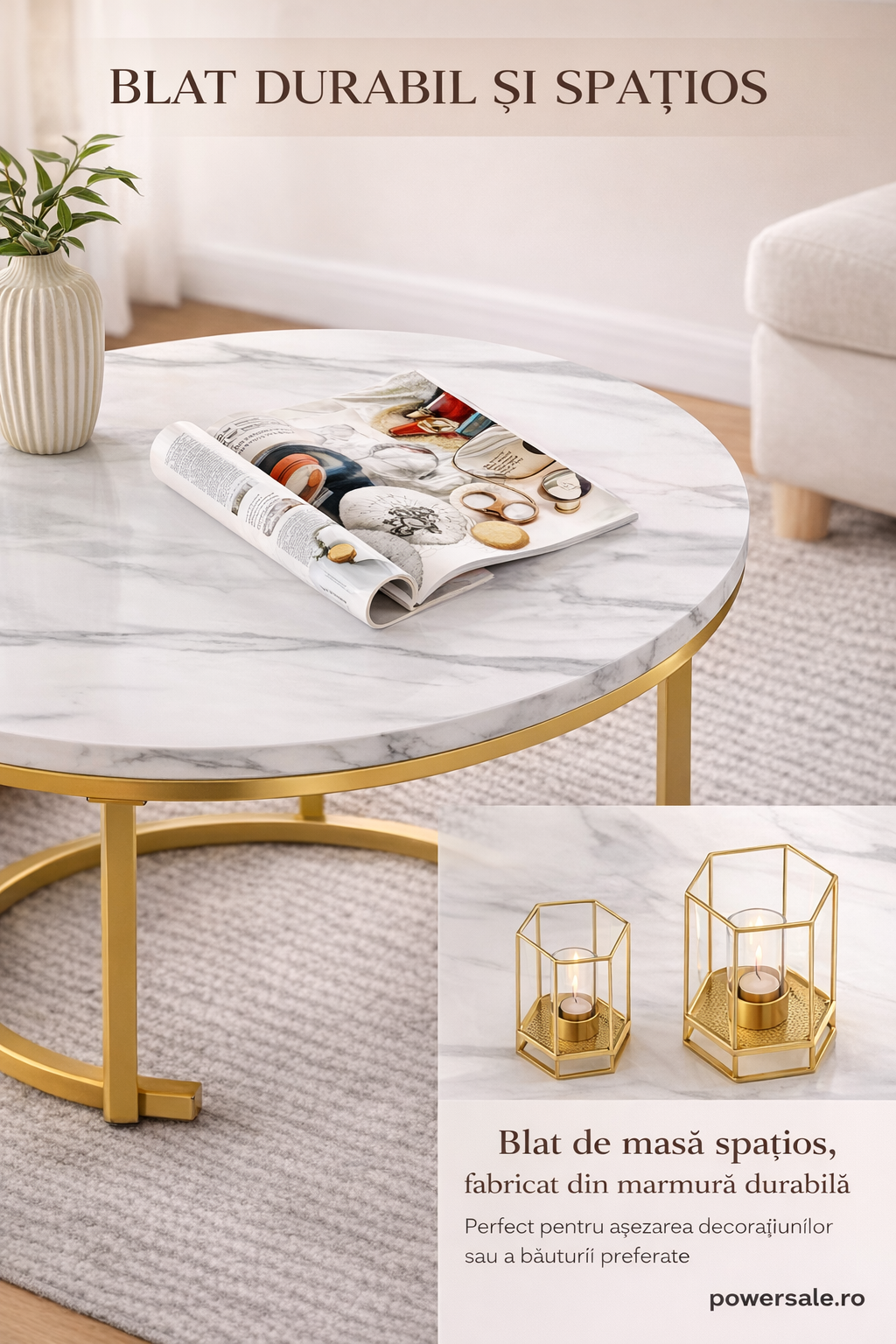 Set 2 masute de cafea rotunde cu efect marmura – Blat MDF + Cadru metalic auriu - Boomsale.ro