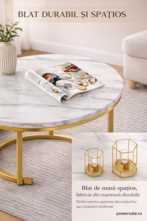 Set 2 masute de cafea rotunde cu efect marmura – Blat MDF + Cadru metalic auriu - Boomsale.ro