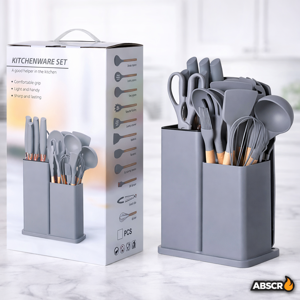Set ustensile bucatarie 19 piese din silicon alimentar si lemn, rezistente la caldura, cu suport depozitare si tocator inclus - Boomsale.ro