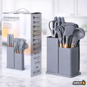 Set ustensile bucatarie 19 piese din silicon alimentar si lemn, rezistente la caldura, cu suport depozitare si tocator inclus - Boomsale.ro