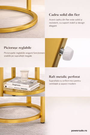 Set 2 masute de cafea rotunde cu efect marmura – Blat MDF + Cadru metalic auriu - Boomsale.ro