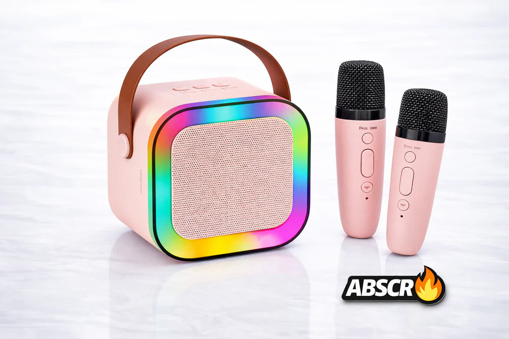 Boxa Portabila Karaoke cu 2 Microfoane Wireless, Bluetooth, LED RGB, Radio FM – Set Karaoke Copii & Familie, Roz - Boomsale.ro