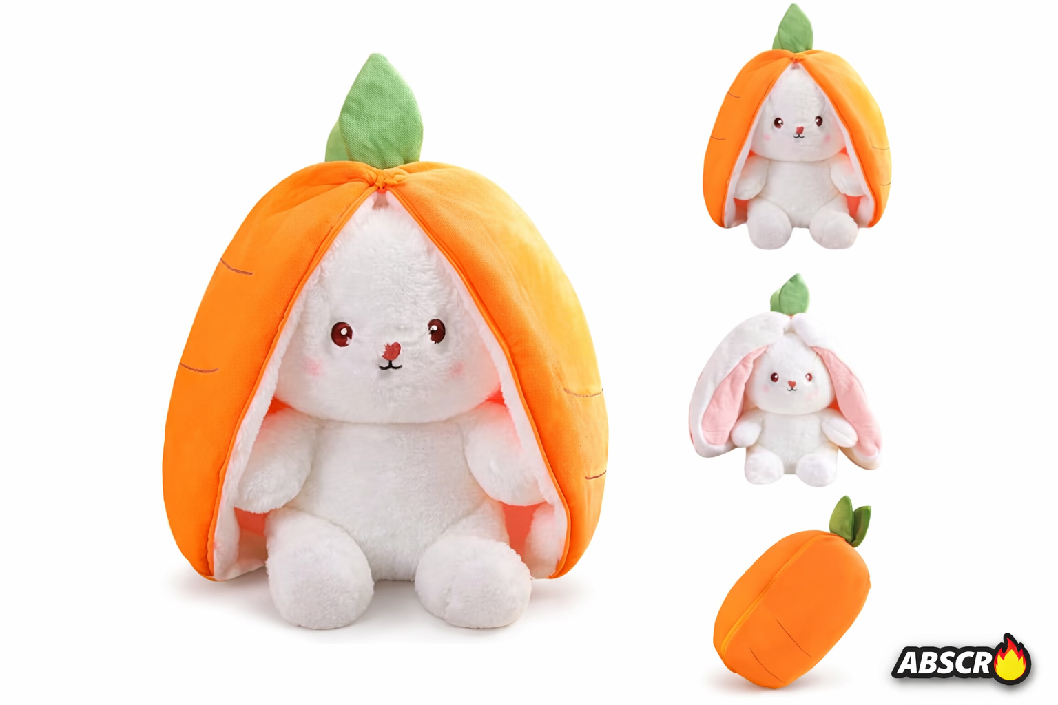 Set 2x Iepuraș de pluș transformabil 2 în 1 (morcov/căpșună) 30 cm – jucărie moale fleece & bumbac copii - Boomsale.ro
