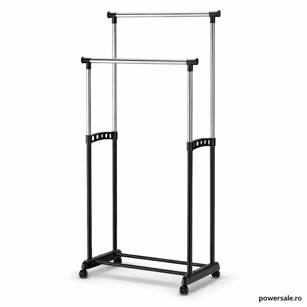 Stender Haine Metalic Dublu cu Înălțime Reglabilă 100-170 cm, cu Roți – Suport pentru Umerașe, Organizator Haine pentru Dormitor sau Dressing - Boomsale.ro
