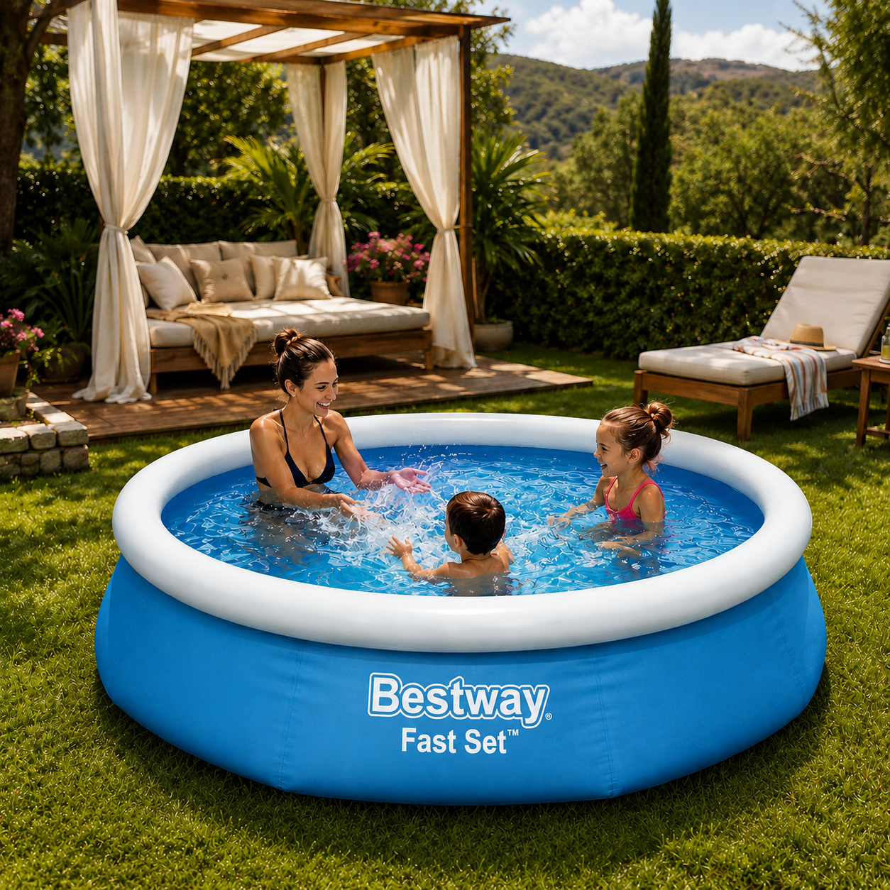 Piscina Gonflabila Bestway Fast Set Rotunda 244 x 61 cm, Capacitate 1880 Litri, Montaj Rapid, Albastra - Boomsale.ro