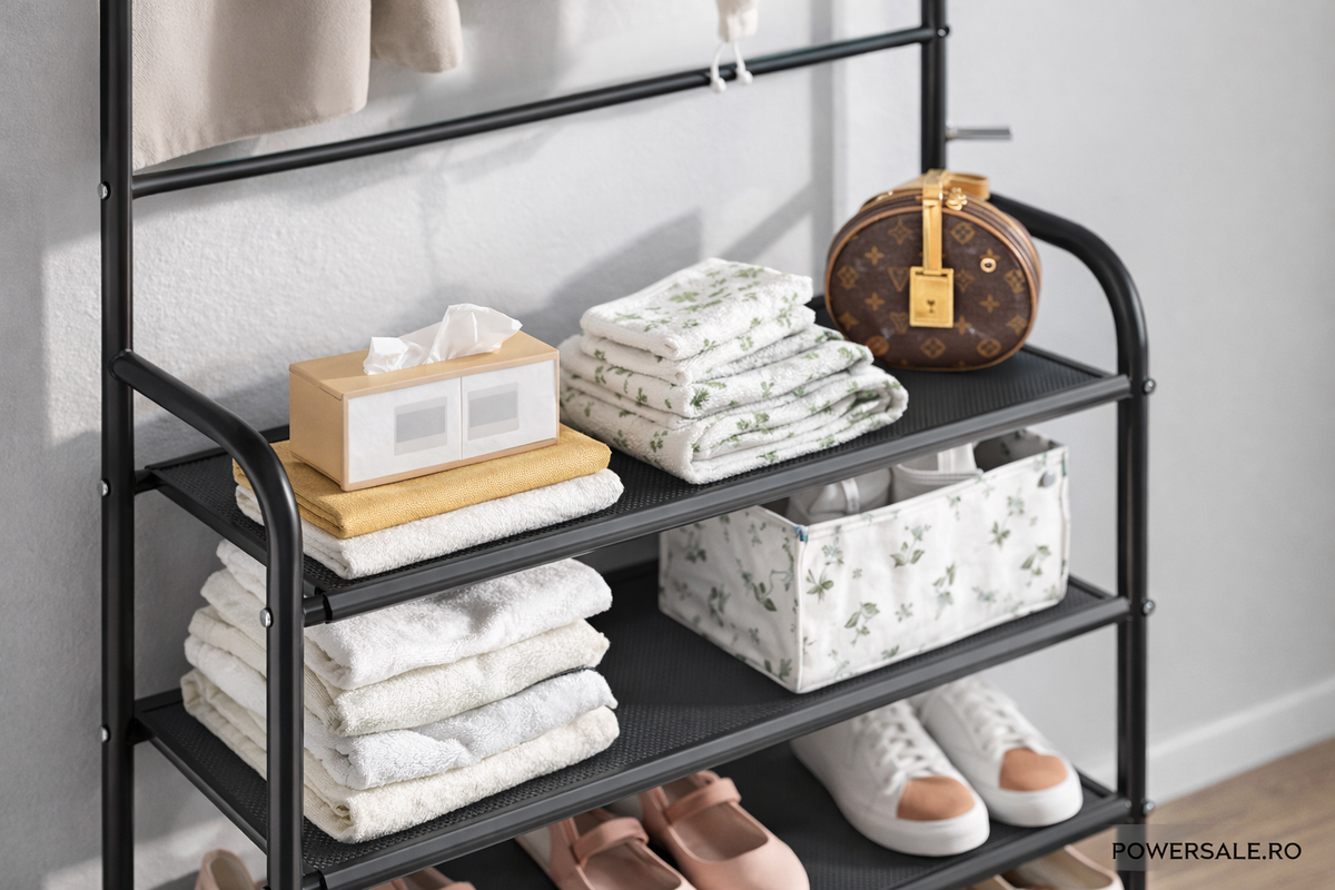 Cuier metalic multifunctional cu pantofar, 4 rafturi spațioase – hol, living, organizator pentru incaltaminte si haine - Boomsale.ro