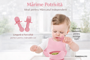 Set 10 piese hranire bebelusi din silicon alimentar – Set diversificare complet cu baveta reglabila - Boomsale.ro