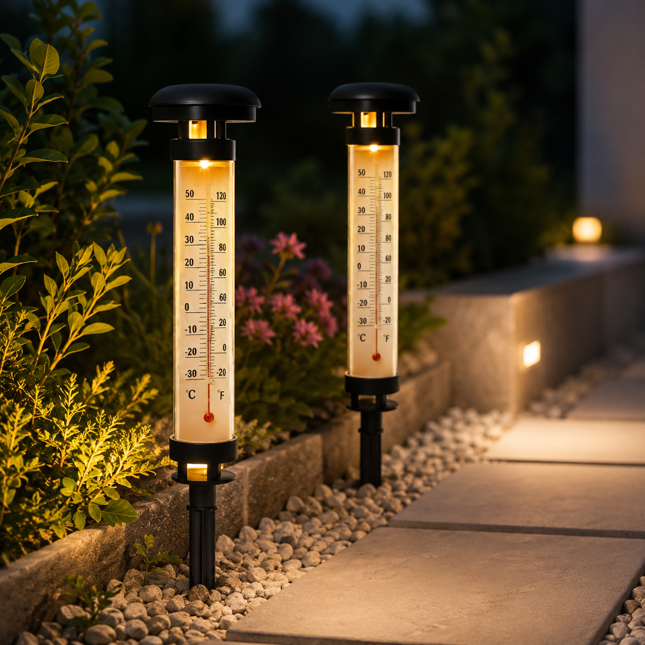 Set 2 Termometre Solare de Gradina cu Lampa LED, Afisaj Dual Celsius/Fahrenheit, Aprindere Automata, Incarcare Solara, Tarus Inclus, 35 cm, Negru