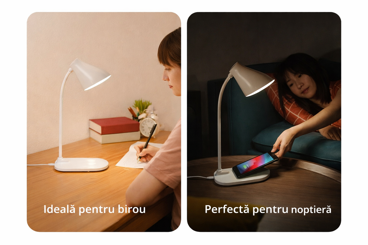 Lampă de birou LED cu încărcare wireless albă – iluminare practică pentru birou și noptieră - Boomsale.ro