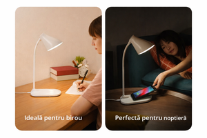 Lampă de birou LED cu încărcare wireless albă – iluminare practică pentru birou și noptieră - Boomsale.ro