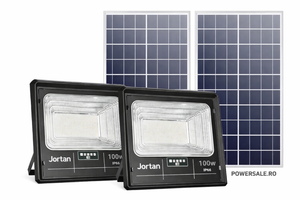 Set 2 Proiectoare Solare JORTAN 100W IP66 + CADOU Cameră Supraveghere Jortan 1080P WiFi cu Card 32GB Inclus - Boomsale.ro