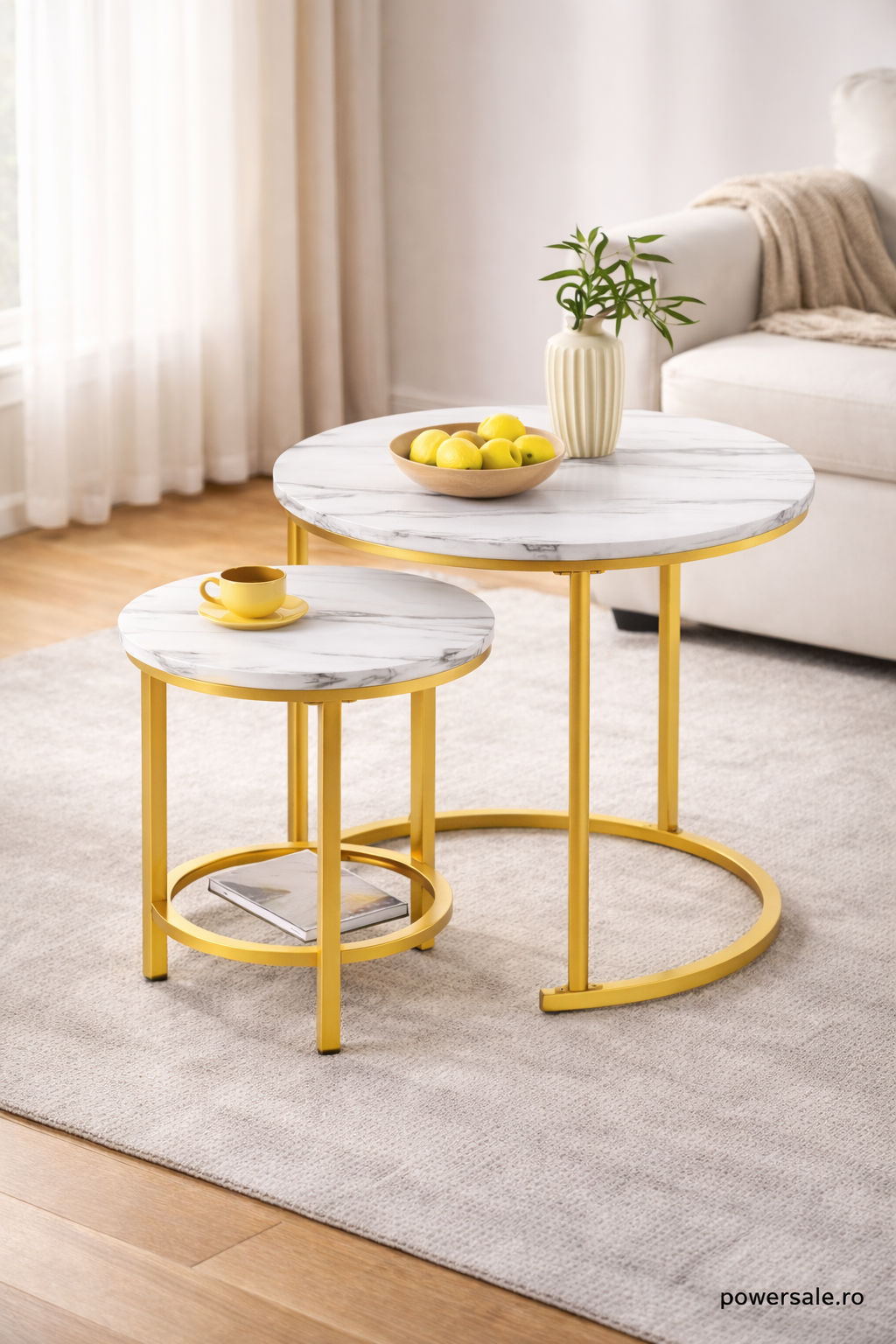 Set 2 masute de cafea rotunde cu efect marmura – Blat MDF + Cadru metalic auriu - Boomsale.ro