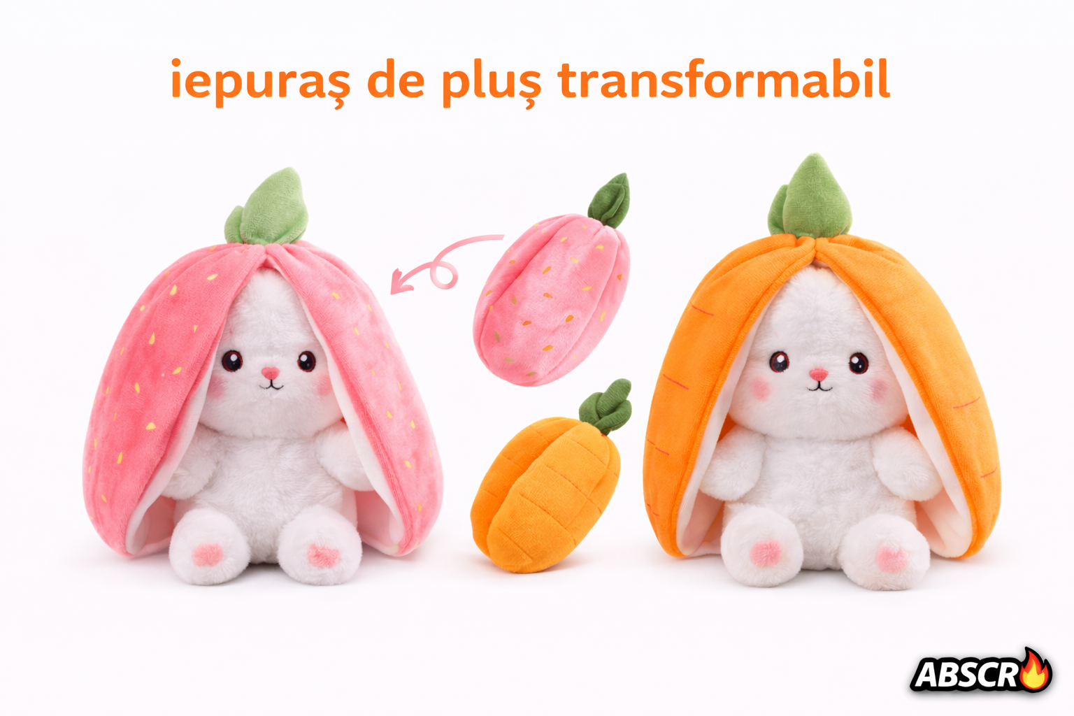 Set 2x Iepuraș de pluș transformabil 2 în 1 (morcov/căpșună) 30 cm – jucărie moale fleece & bumbac copii - Boomsale.ro