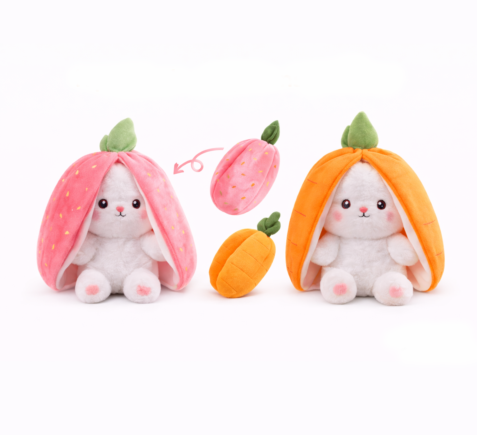 Set 2x Iepuraș de pluș transformabil 2 în 1 (morcov/căpșună) 30 cm – jucărie moale fleece & bumbac copii - Boomsale.ro