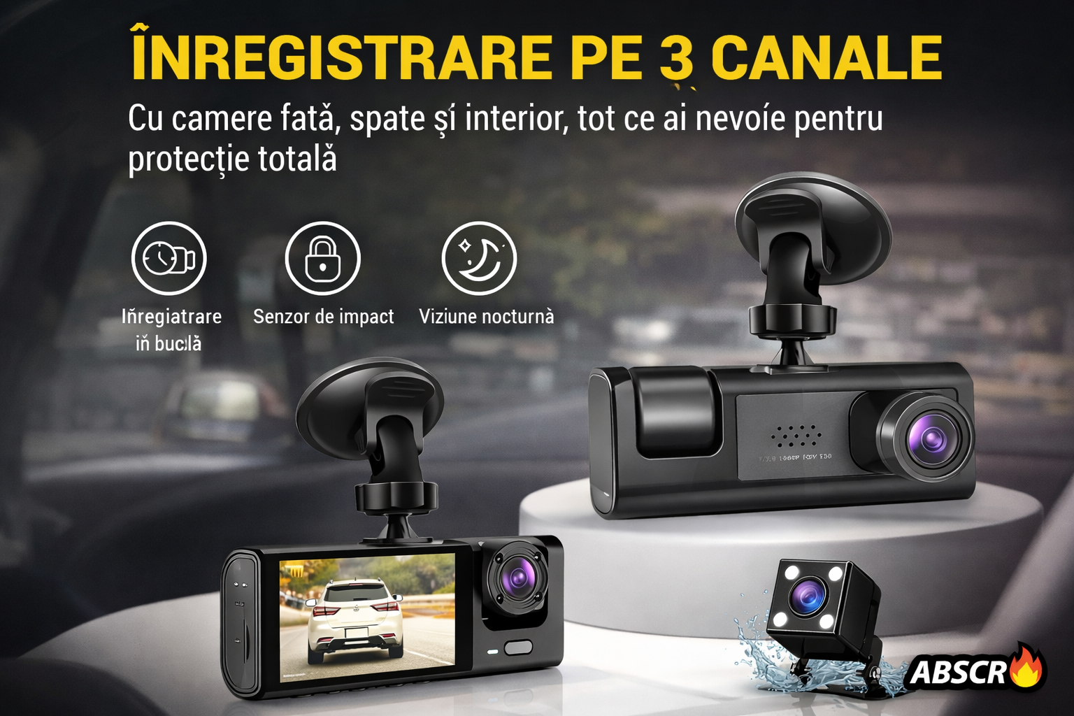 Camera auto DVR 3 canale, fata + interior + spate, Full HD 1080P, unghi larg 170°, ecran 2 inch, vedere nocturna, G-sensor, inregistrare in bucla - Boomsale.ro