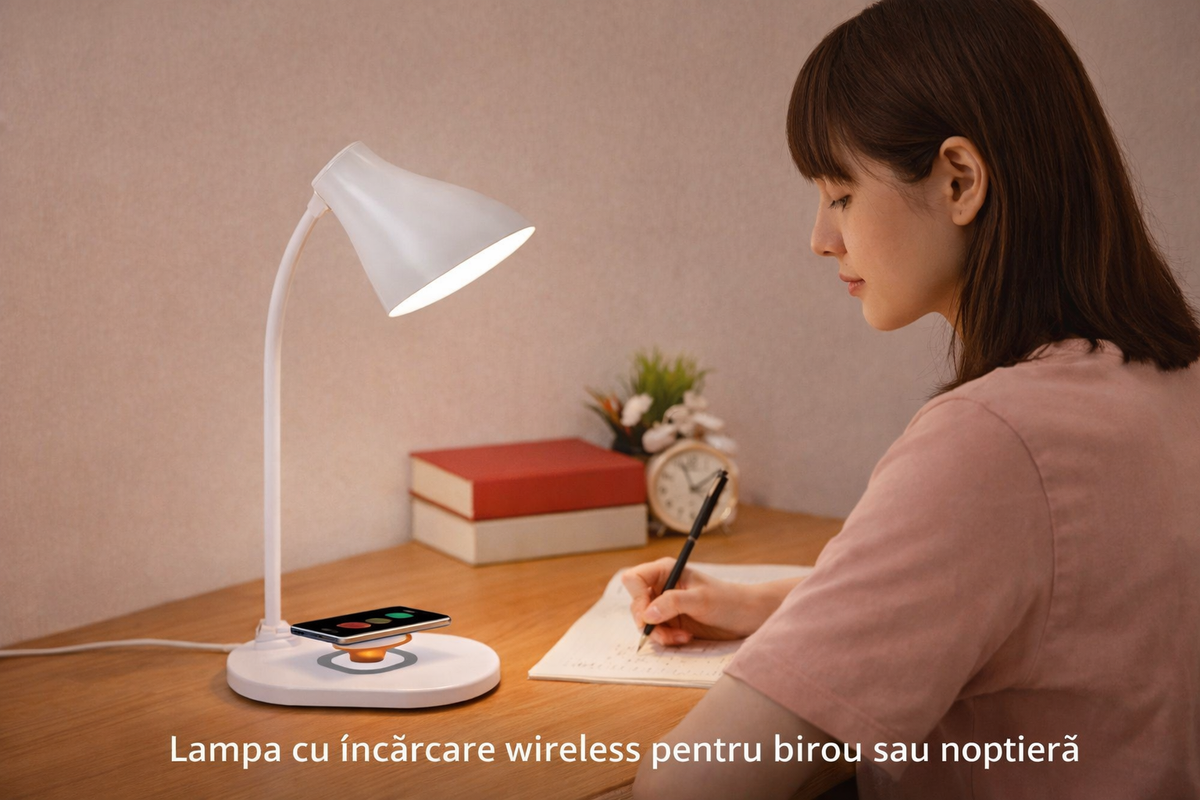 Lampă de birou LED cu încărcare wireless albă – iluminare practică pentru birou și noptieră - Boomsale.ro