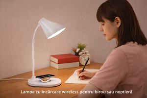 Lampă de birou LED cu încărcare wireless albă – iluminare practică pentru birou și noptieră - Boomsale.ro