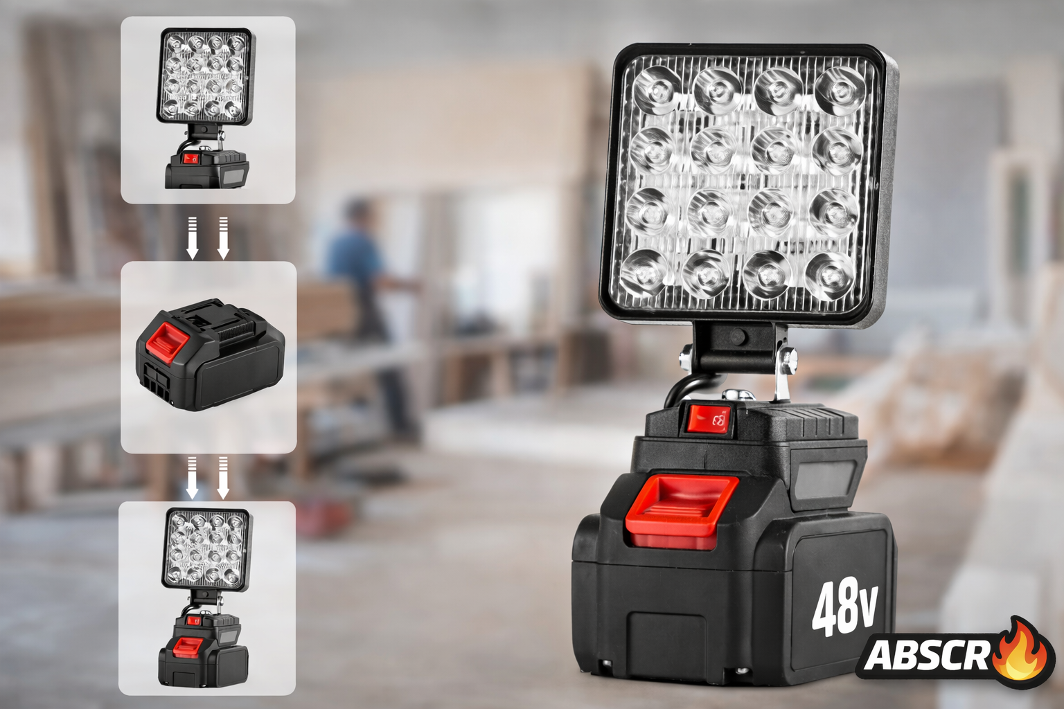 Lampa de lucru LED 48W portabilă cu acumulator Li-Ion 48V – Proiector profesional reglabil 90°, lumină puternică pentru atelier, șantier, camping - Boomsale.ro