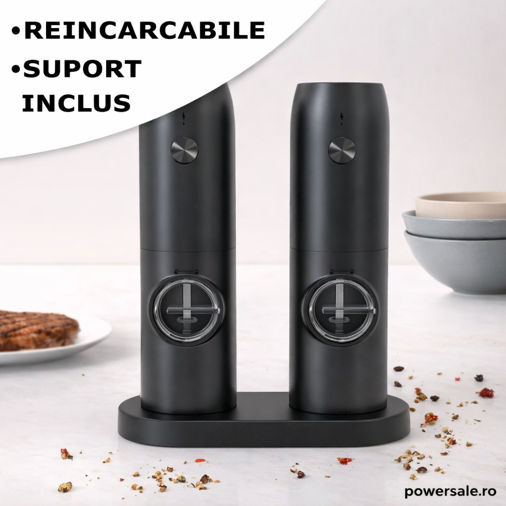 Set 2 Râșnițe Electrice Sare și Piper Reîncărcabile USB, Râșniță Automată Condimente cu Măcinare Reglabilă și Suport Încărcare - Boomsale.ro