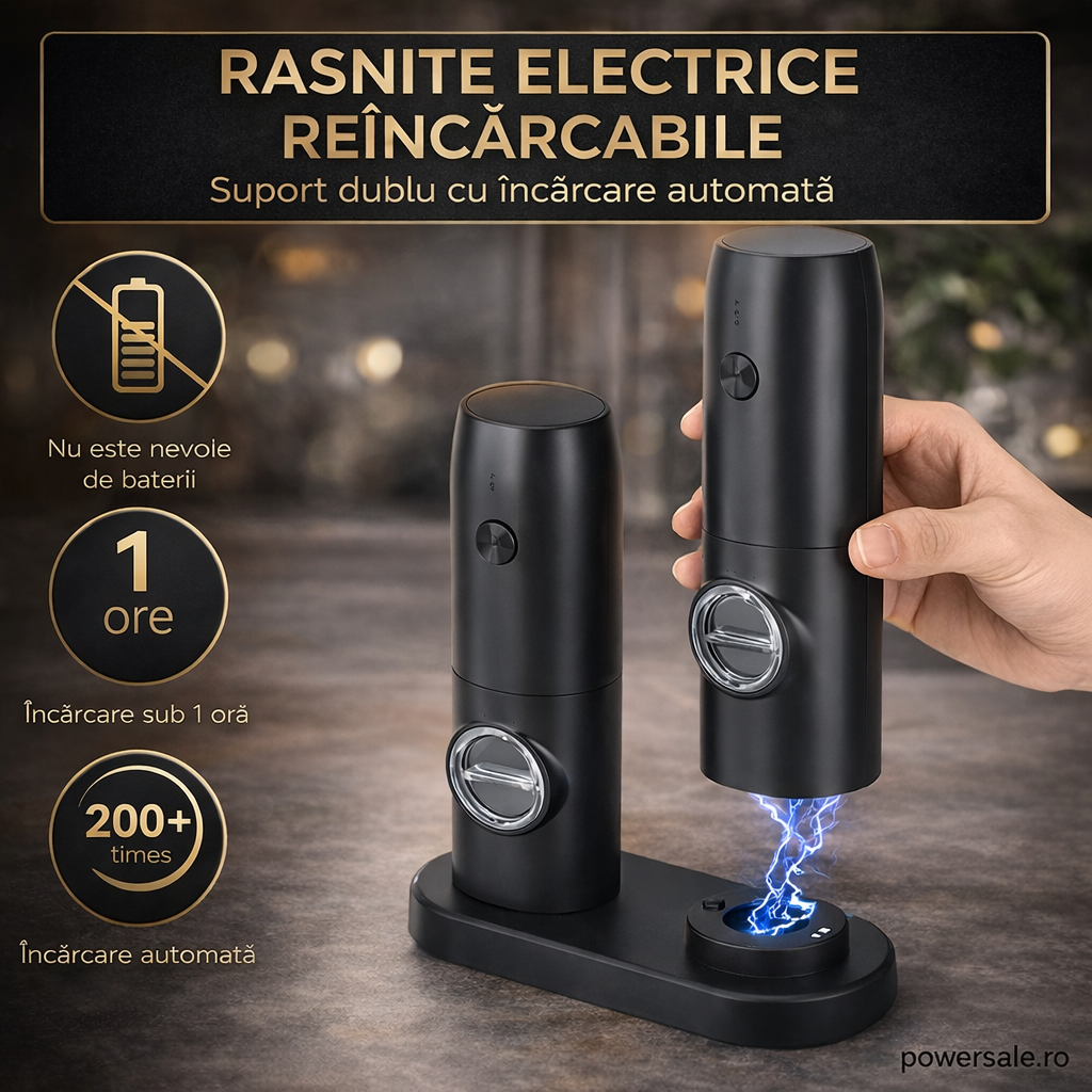 Set 2 Râșnițe Electrice Sare și Piper Reîncărcabile USB, Râșniță Automată Condimente cu Măcinare Reglabilă și Suport Încărcare - Boomsale.ro