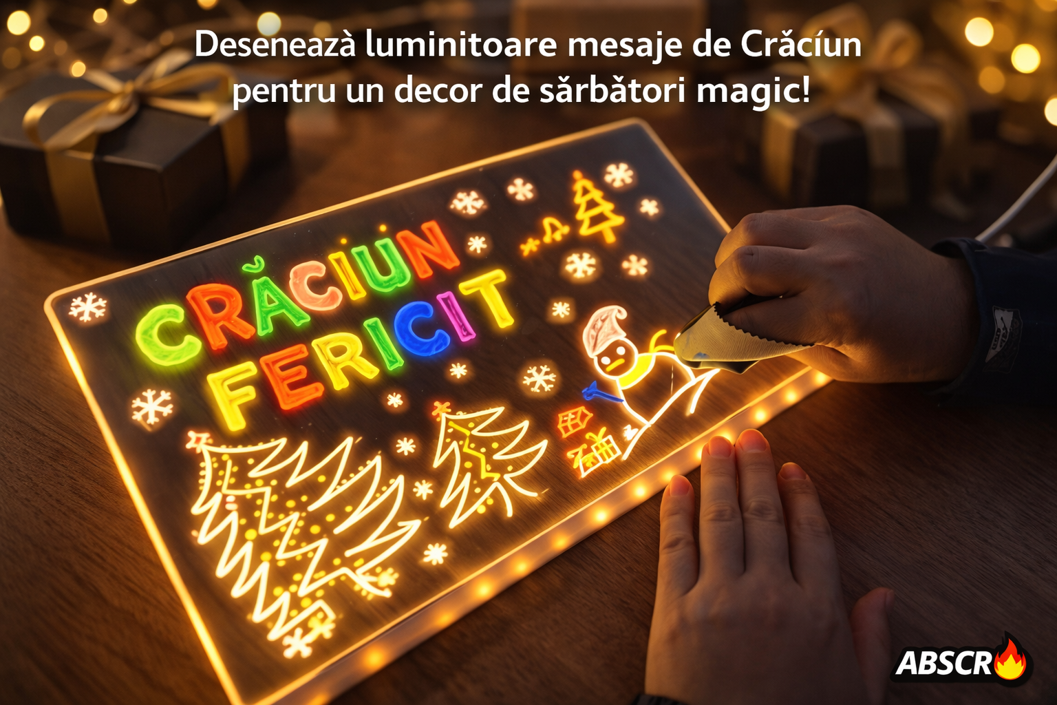 Tabla acrilica luminata LED, pentru desen si scriere, suport reglabil, 7 carioci colorate, laveta inclusa, alimentare USB, 30 x 20 cm, reutilizabila - Boomsale.ro