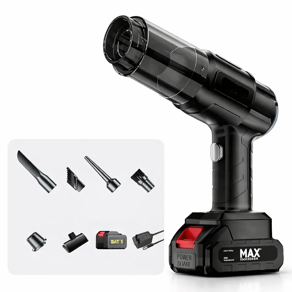 Aspirator Auto 6 in 1 Fara Fir, pentru Casa, Masina, Calculator, Birou, Putere 150W, Eficienta Mare, Functii de Aspirare, Suflare, Vidare, Filtru HEPA, Perie Detailing, Negru - Boomsale.ro