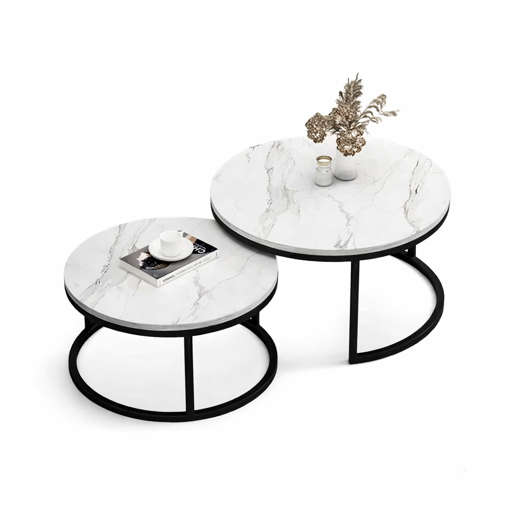 Set 2 Măsuțe de Cafea Rotunde cu Efect Marmură – Blat MDF Premium, Cadru Metalic Negru, Design Modern pentru Living - Boomsale.ro