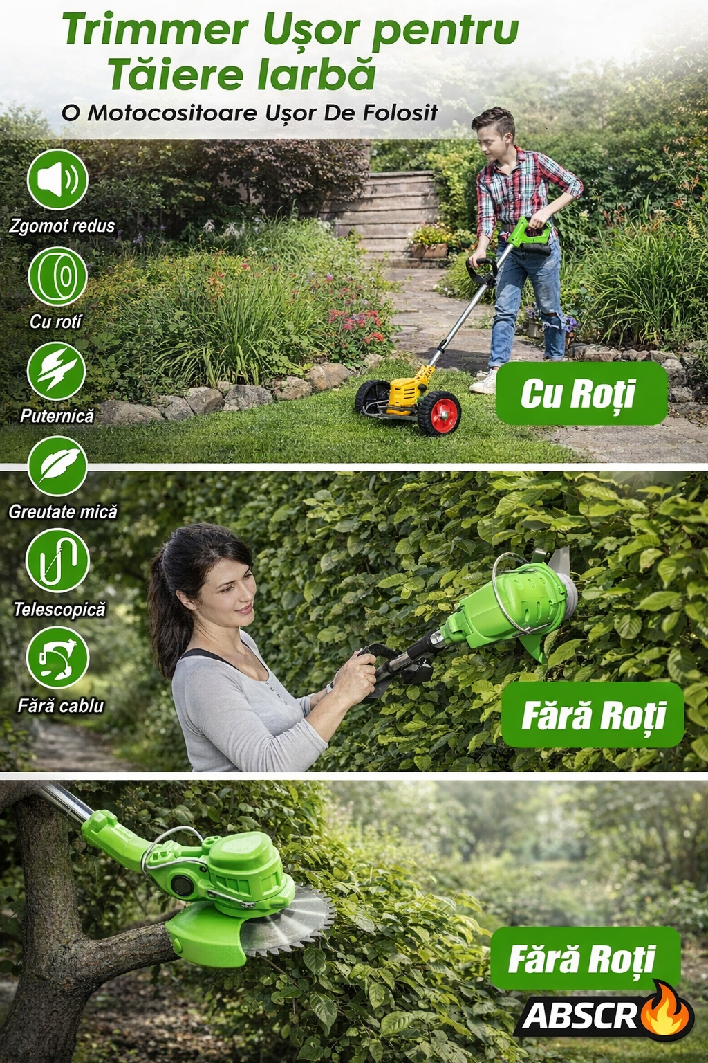Motocoasă Electrică cu 2 Acumulatori 48V 4000 mAh, 18000 RPM, cu Roți Detasabile, Disc + 2 Lame + 5 Palete Incluse – Trimmer Profesional Iarbă și Buruieni - Boomsale.ro