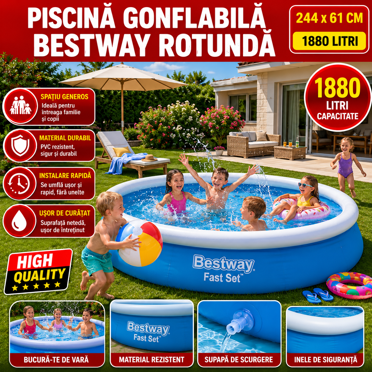 Piscina Gonflabila Bestway Fast Set Rotunda 244 x 61 cm, Capacitate 1880 Litri, Montaj Rapid, Albastra - Boomsale.ro