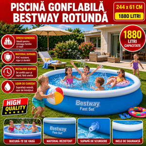 Piscina Gonflabila Bestway Fast Set Rotunda 244 x 61 cm, Capacitate 1880 Litri, Montaj Rapid, Albastra - Boomsale.ro