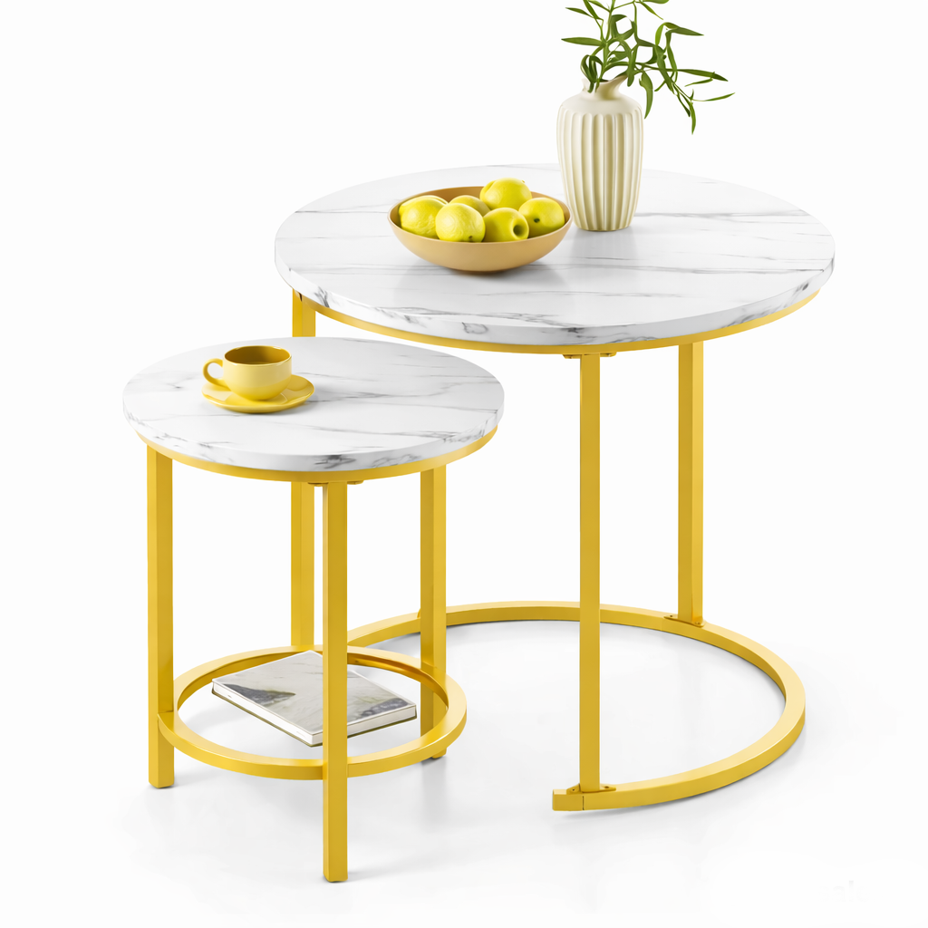 Set 2 masute de cafea rotunde cu efect marmura – Blat MDF + Cadru metalic auriu - Boomsale.ro