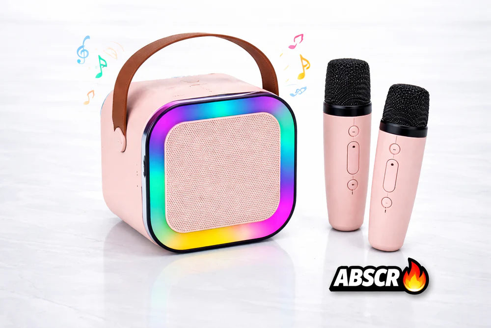 Boxa Portabila Karaoke cu 2 Microfoane Wireless, Bluetooth, LED RGB, Radio FM – Set Karaoke Copii & Familie, Roz - Boomsale.ro