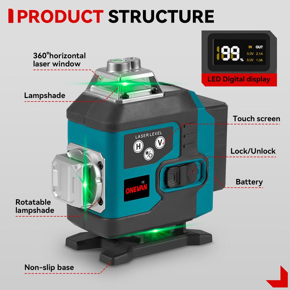 Nivela laser 4D, 16 linii, cu telecomanda, cu 2 baterii, albastru/negru - Boomsale.ro